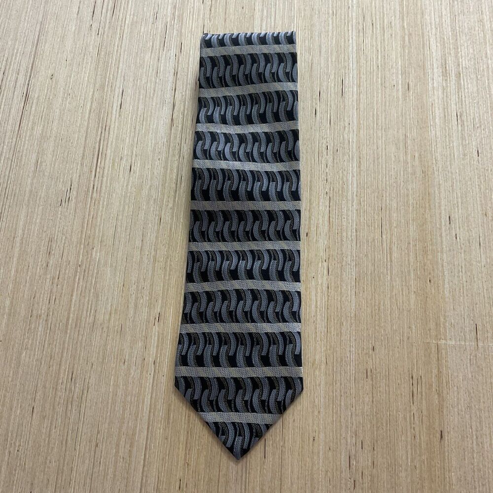 Vintage Pavone Mens Designer Tie 100% Silk Woven Black Gray Geometric ITALY